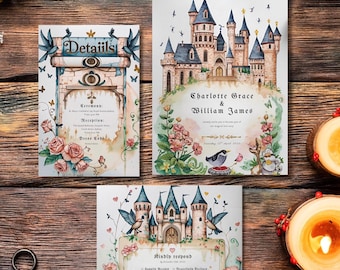 Aquarell Schloss Hochzeitseinladungs-Set - Märchenbuch (Instant Download)