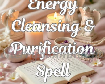 May include: An open book with handwritten text, lit candles, angel figurines, and small bowls with crystals and flowers. The image has the text "Energy Cleansing & Purification Spell" overlaid on it.