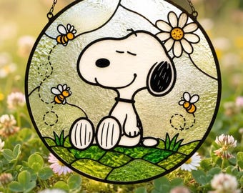 Sno..opy Bee Stained Glass Suncatcher, Pe.anuts Spring Window Hanging, Daisy Flower Garden Decor, Cute Bee Lover Gift
