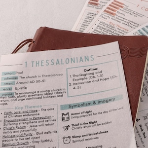 Può includere: Una raccolta di guide allo studio e un diario in pelle marrone. Le guide presentano testo sulla Bibbia, inclusi temi chiave, simbolismo e immagini. Il testo include il titolo "1 Thessalonians".