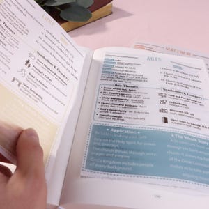 Può includere: Bibbia aperta con note dettagliate e sezioni evidenziate. Le pagine sono aperte ai libri di Luca e Atti, con temi chiave e simbolismo evidenziati. Il libro è su una superficie rosa.