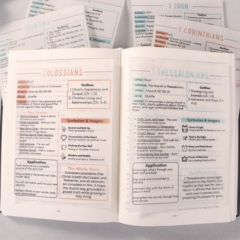May include: Open book with pages displaying text from the Bible, including the books of Romans, Colossians, 1 Thessalonians, and 1 Corinthians. Several index cards with text are scattered around the book.