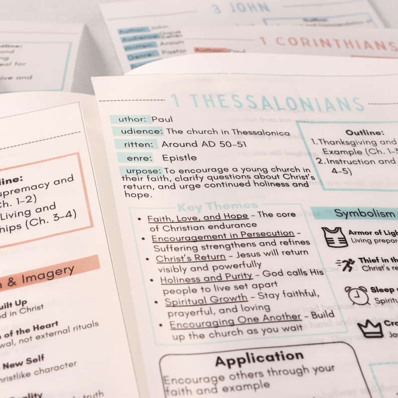 May include: Close-up of study guide pages with text and bullet points. The pages are white with light blue and peach-colored accents. The text includes the title "1 Thessalonians" and key themes such as "Faith, Love, and Hope."