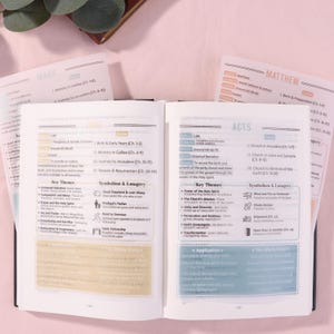 May include: Open Bible with highlighted text and study guides. The pages are open to the book of Acts, with key themes and symbolism listed. Study guides for Mark and Matthew are visible.