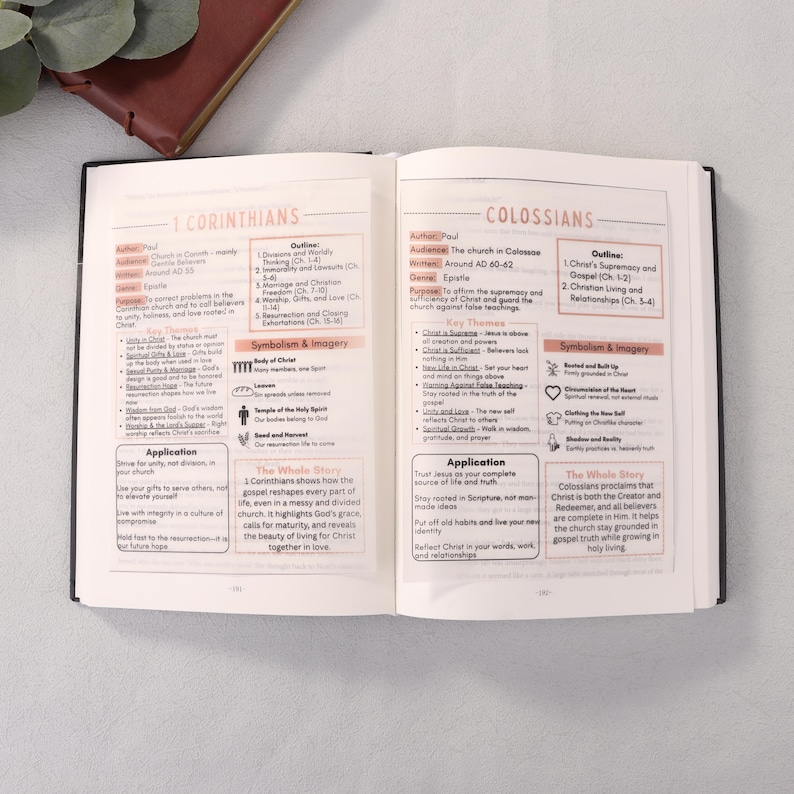 May include: Open Bible with pages displaying detailed notes on the books of 1 Corinthians and Colossians. The pages feature text, outlines, and key themes, with a dark cover visible.