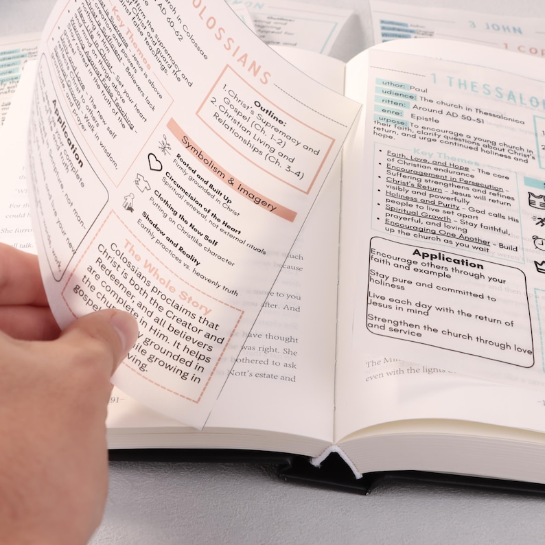 May include: Open Bible with highlighted text and notes. The pages display outlines, key themes, and applications related to biblical passages. The book is open to the book of Colossians and 1 Thessalonians.