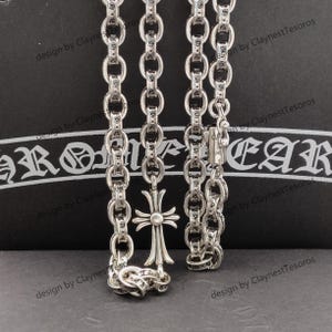 Silver Flower Cross Necklace, Vintage Silver Necklace, CH Necklace, Minimalist, Punk, Necklace for Women & Men