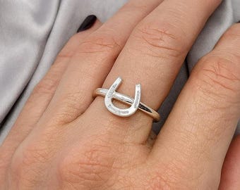 Anillo de herradura de plata de ley - Anillo de la suerte delicado para mujer, joyería ecuestre