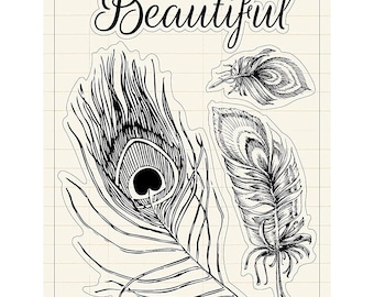 Bo Bunny Clear Acrylic Rubber Stamp Set - Peacock Feathers