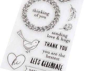 Pebbles Clear Acrylic Rubber Stamp Set by Jen Hadefield - Thinking of You - Thank You Happy Birthday - Hey Hello