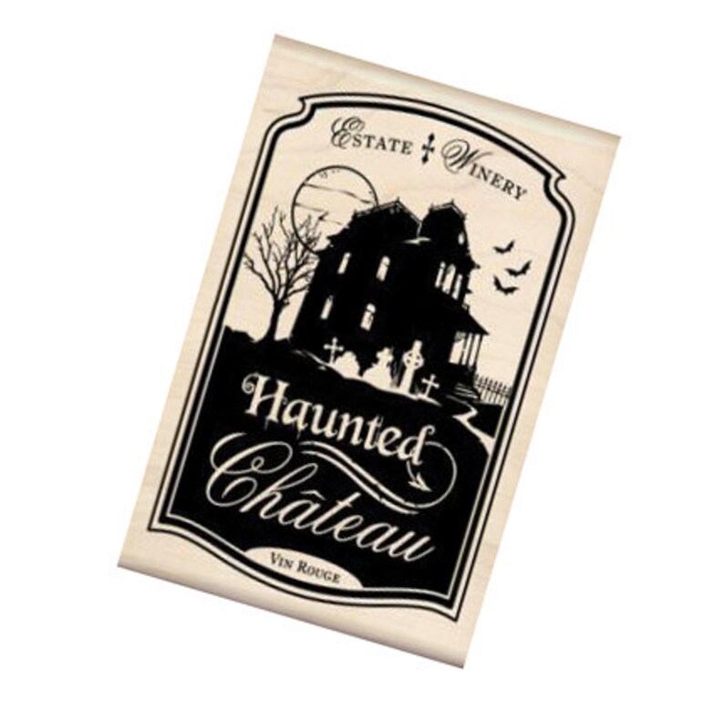 Haunted Chateau WIne Label Wood Mounted Rubber Stamp by Inkadinkado image 1