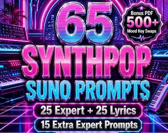 May include: A vibrant graphic promoting "65 Synthpop Suno Prompts" with neon pink and blue text. Includes "25 Expert + 25 Lyrics" and "15 Extra Expert Prompts." A bonus PDF offers "500+ Mood Key Swaps."