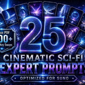 Op de afbeelding: Een digitaal kunstwerk met een futuristisch sci-fi thema. Het nummer "25" wordt weergegeven in blauw en paars neon. De tekst luidt "Cinematic Sci-Fi Expert Prompts" en "Optimized for Suno". Inclusief "Bonus PDF 500+ Mood Key Swaps".