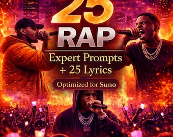 25 Rap Expert Prompts + 25 Lyrics (Suno PDF Download)