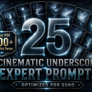 Może przedstawiać: Grafika cyfrowa o mrocznym, filmowym motywie. Liczba "25" jest wyraźnie wyświetlana, z tekstem "CINEMATIC UNDERSCORE EXPERT PROMPTS" poniżej. Zawiera "Bonus PDF 500+ Mood Key Swaps" i "OPTIMIZED FOR SUNO".