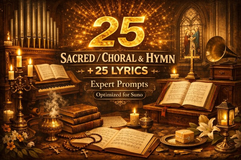 May include: An artistic digital illustration featuring a collection of religious items. The image includes a piano, books, candles, a gramophone, and the text "25 Sacred/Choral & Hymn + 25 Lyrics Expert Prompts Optimized for Suno."