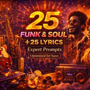May include: A vibrant digital artwork with a musical theme. The image features a guitar, saxophone, and a record player. The text reads "25 Funk & Soul + 25 Lyrics Expert Prompts Optimized for Suno". A man and woman are singing into microphones.