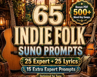 May include: An advertisement for "65 Indie Folk Suno Prompts" with a rustic theme. The image features a guitar, mandolin, and text that reads "25 Expert + 25 Lyrics" and "15 Extra Expert Prompts". A bonus PDF with "500+ Mood Key Swaps" is also advertised.