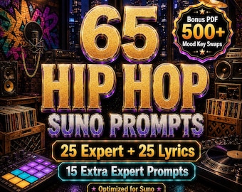 May include: A digital graphic featuring the text 65 HIP HOP SUNO PROMPTS in large gold letters. Additional text includes Bonus PDF 500+ Mood Key Swaps, 25 Expert + 25 Lyrics, 15 Extra Expert Prompts, and Optimized for Suno, set against a music studio background.
