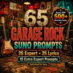 May include: A promotional graphic for "65 Garage Rock Suno Prompts" with a vintage rock and roll theme. The image features electric guitars, a drum set, and the text "25 Expert + 25 Lyrics" and "15 Extra Expert Prompts". A bonus PDF with "500+ Mood Key Swaps" is also advertised.