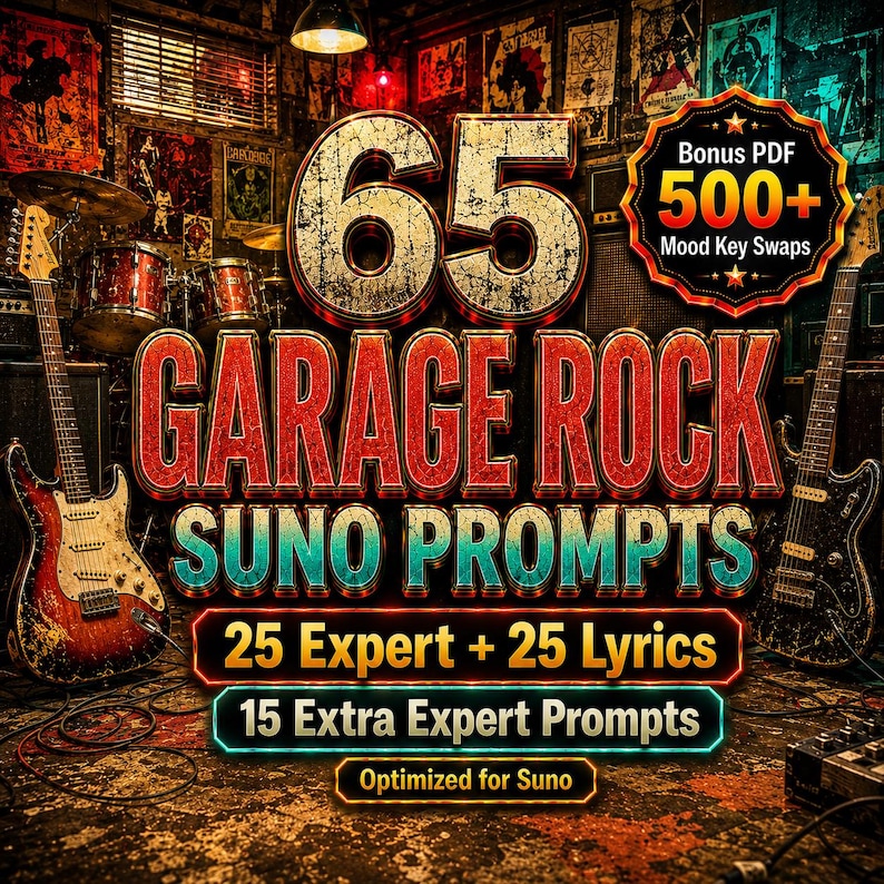 May include: A promotional graphic for "65 Garage Rock Suno Prompts" with a vintage rock and roll theme. The image features electric guitars, a drum set, and the text "25 Expert + 25 Lyrics" and "15 Extra Expert Prompts". A bonus PDF with "500+ Mood Key Swaps" is also advertised.