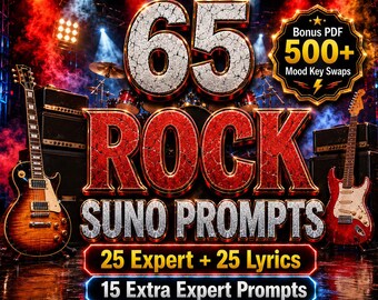 May include: A promotional image for rock music prompts. The image features the text "65 ROCK SUNO PROMPTS" in large, bold letters, with additional text indicating "25 Expert + 25 Lyrics" and "15 Extra Expert Prompts". Guitars and stage lighting are also visible.