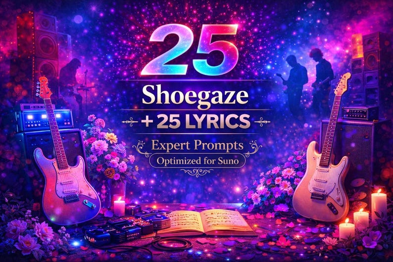 Może przedstawiać: Żywy obraz promujący tworzenie muzyki. Zawiera dwie gitary elektryczne, wzmacniacze i świecącą scenę z tekstem "25 Shoegaze + 25 LYRICS" i "Expert Prompts Optimized for Suno". Scena jest ozdobiona kwiatami i świecami.
