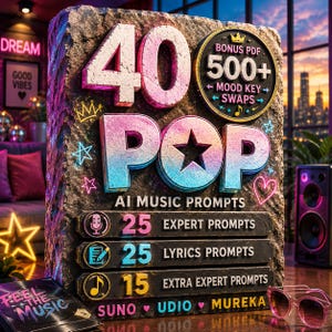 Può includere: Un cartello con texture in pietra mostra 40 POP AI MUSIC PROMPTS con testo dai colori neon. Include 25 expert prompts, 25 lyrics prompts, 15 extra expert prompts e un PDF bonus con 500+ mood key swaps per le piattaforme Suno, Udio e Mureka.