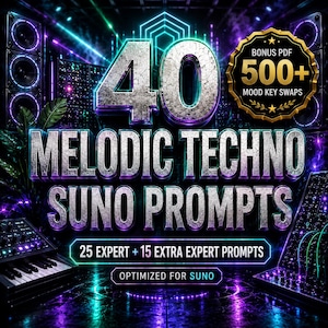 Melodic Techno Suno Prompts | 40 Expert Prompts + 500 Mood Key Swaps (Digital Download)