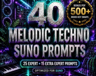 May include: A digital graphic featuring the text 40 MELODIC TECHNO SUNO PROMPTS, 25 EXPERT + 15 EXTRA EXPERT PROMPTS, OPTIMIZED FOR SUNO, and a gold badge stating BONUS PDF 500+ MOOD KEY SWAPS, set against a dark background with speakers and synthesizers.