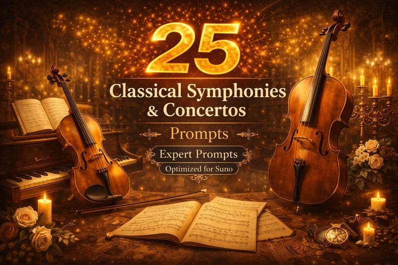Puede incluir: Imagen digital con tonos dorados, con un viol&iacute;n y un violonchelo que enmarcan el texto "25 Sinfon&iacute;as y Conciertos Cl&aacute;sicos". La escena incluye partituras, velas y un piano, sugiriendo un tema de m&uacute;sica cl&aacute;sica. Las palabras "Expert Prompts" tambi&eacute;n son visibles.