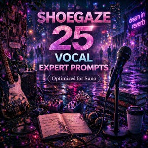 May include: Digital artwork featuring the text "SHOEGAZE 25 VOCAL EXPERT PROMPTS". The image includes a microphone, guitar, and an open book with handwritten lyrics. The background depicts a city scene with neon lights and figures.