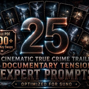 Può includere: Immagine promozionale con un tema cupo e cinematografico. Il numero "25" è in evidenza, con il testo "CINEMATIC TRUE CRIME TRAILER DOCUMENTARY TENSION EXPERT PROMPTS" sottostante. Viene pubblicizzato anche un PDF bonus con oltre 500 scambi di chiavi di umore.