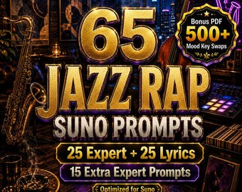 May include: A promotional image with the text "65 JAZZ RAP SUNO PROMPTS". The image features a saxophone, a double bass, and a digital audio workstation. The text also includes "25 Expert + 25 Lyrics" and "15 Extra Expert Prompts".