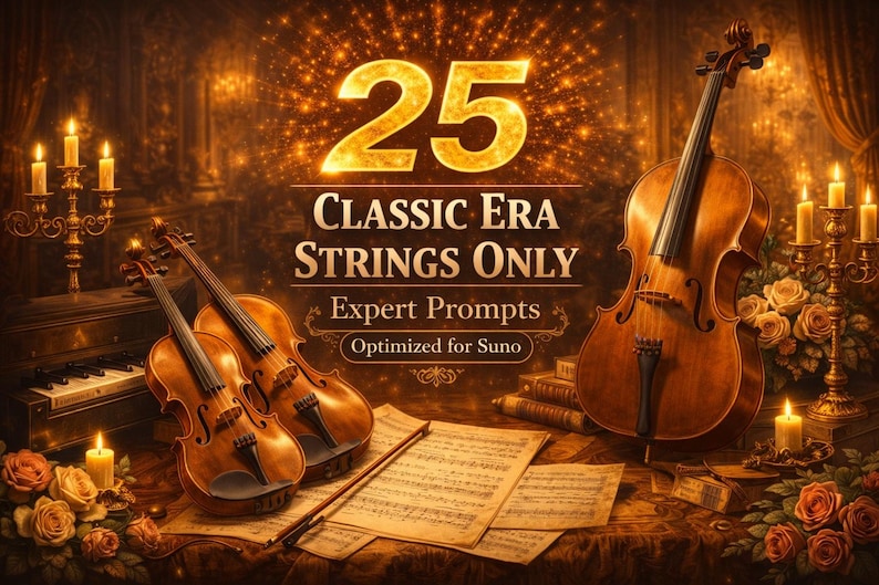 May include: An image featuring a cello and two violins, with sheet music and candles. The text reads "25 Classic Era Strings Only Expert Prompts Optimized for Suno."