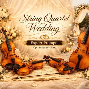 May include: A wedding scene with violins, candles, and floral arrangements. The text "String Quartet Wedding" is displayed. The image features four violins, sheet music, and a romantic, elegant setting with soft lighting.