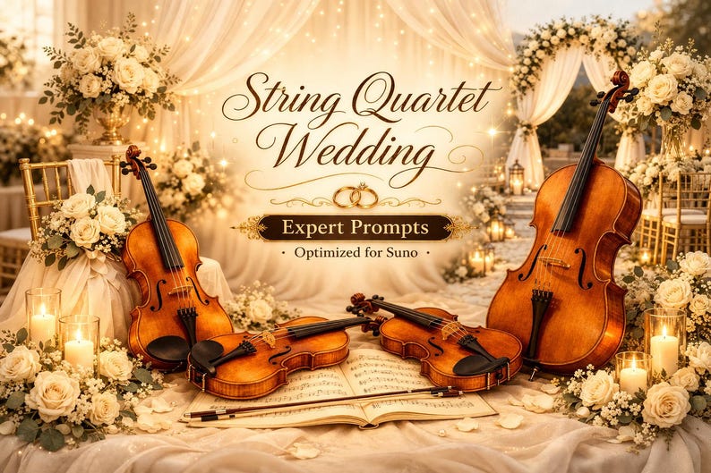 May include: A wedding scene with violins, candles, and floral arrangements. The text "String Quartet Wedding" is displayed. The image features four violins, sheet music, and a romantic, elegant setting with soft lighting.