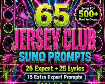 May include: A vibrant graphic promoting "65 Jersey Club Suno Prompts" with neon text and a digital music theme. Includes "Bonus PDF 500+ Mood Key Swaps" and details on expert prompts, optimized for Suno. The design features speakers and a colorful stage.