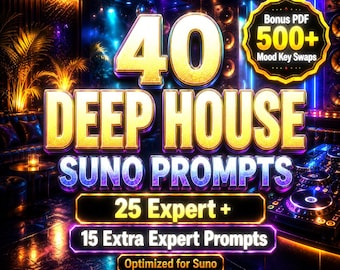 Pacchetto di prompt Deep House Suno / 25 prompt esperti + 15 prompt esperti per atmosfere rare + oltre 500 scambi di tonalità per atmosfere in formato PDF