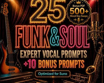 Funk & Soul Vocal Prompts for Suno | 35 Expert AI Music Prompts + Mood Key Swaps