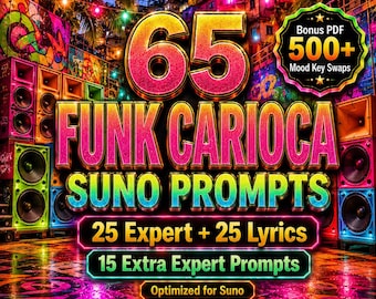 May include: A vibrant graphic promoting "65 Funk Carioca Suno Prompts" with text including "25 Expert + 25 Lyrics" and "15 Extra Expert Prompts." The image features a colorful, neon-lit street scene with speakers and the words "Optimized for Suno."