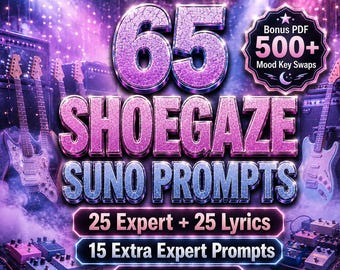 Pacchetto di prompt Shoegaze Suno / 25 prompt esperti + 25 prompt basati sui testi + 15 prompt esperti per atmosfere rare e oltre 500 scambi di tonalità per atmosfere in formato PDF