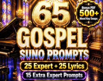 May include: A digital graphic featuring the gold text 65 GOSPEL SUNO PROMPTS, 25 Expert + 25 Lyrics, 15 Extra Expert Prompts, Optimized for Suno, and Bonus PDF 500+ Mood Key Swaps. The background shows a grand piano and organ in a cathedral.