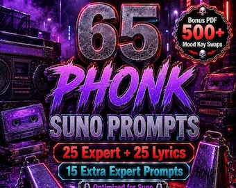 May include: A digital graphic with the text "65 PHONK SUNO PROMPTS" in a neon purple and silver design. Includes "25 Expert + 25 Lyrics" and "15 Extra Expert Prompts". A bonus PDF with "500+ Mood Key Swaps" is also advertised.