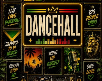 May include: A vibrant collage featuring the word "DANCEHALL" in bold letters, surrounded by various posters with reggae-themed phrases like "Good Vibes Only" and "Riddim Is Life." The artwork includes a sound system, a microphone, and a record player.