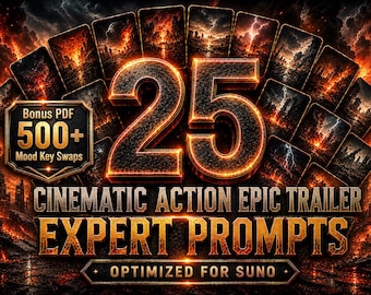 May include: A digital graphic with a fiery, apocalyptic theme. The number "25" is prominently displayed in a glowing, textured font. Text includes "Cinematic Action Epic Trailer Expert Prompts" and "Bonus PDF 500+ Mood Key Swaps".