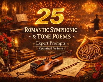 May include: An image with a classical music theme. The text reads "25 Romantic Symphonic & Tone Poems Expert Prompts Optimized for Suno." A violin, French horn, and sheet music are in the foreground. Red roses and candles add to the romantic ambiance.