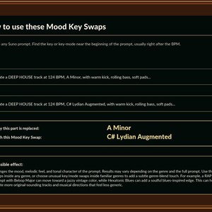 May include: A dark green and black graphic with text explaining "How to use these Mood Key Swaps." The text provides instructions on changing the mood and key of a music track, with examples of "Before" and "After" scenarios.