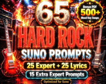 Pacchetto di prompt Hard Rock Suno / 25 prompt esperti + 25 prompt basati sui testi + 15 prompt esperti per stati d'animo rari e oltre 500 scambi di tonalità per stati d'animo in formato PDF