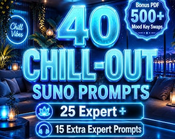 May include: A digital graphic with neon blue text promoting "40 Chill-Out Suno Prompts" with a "Bonus PDF" of "500+ Mood Key Swaps." The image includes the phrases "Chill Vibes," "25 Expert +," and "15 Extra Expert Prompts." The text is optimized for Suno.